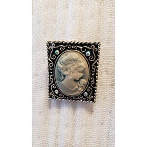 Cameo Square Silver Tone Brooch Off White Cameo Lady On Blue Backdrop